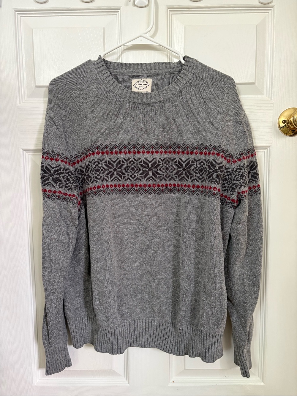 St. John's Bay Grey Crewneck Fair Isle Sweater with Black and Red Accents